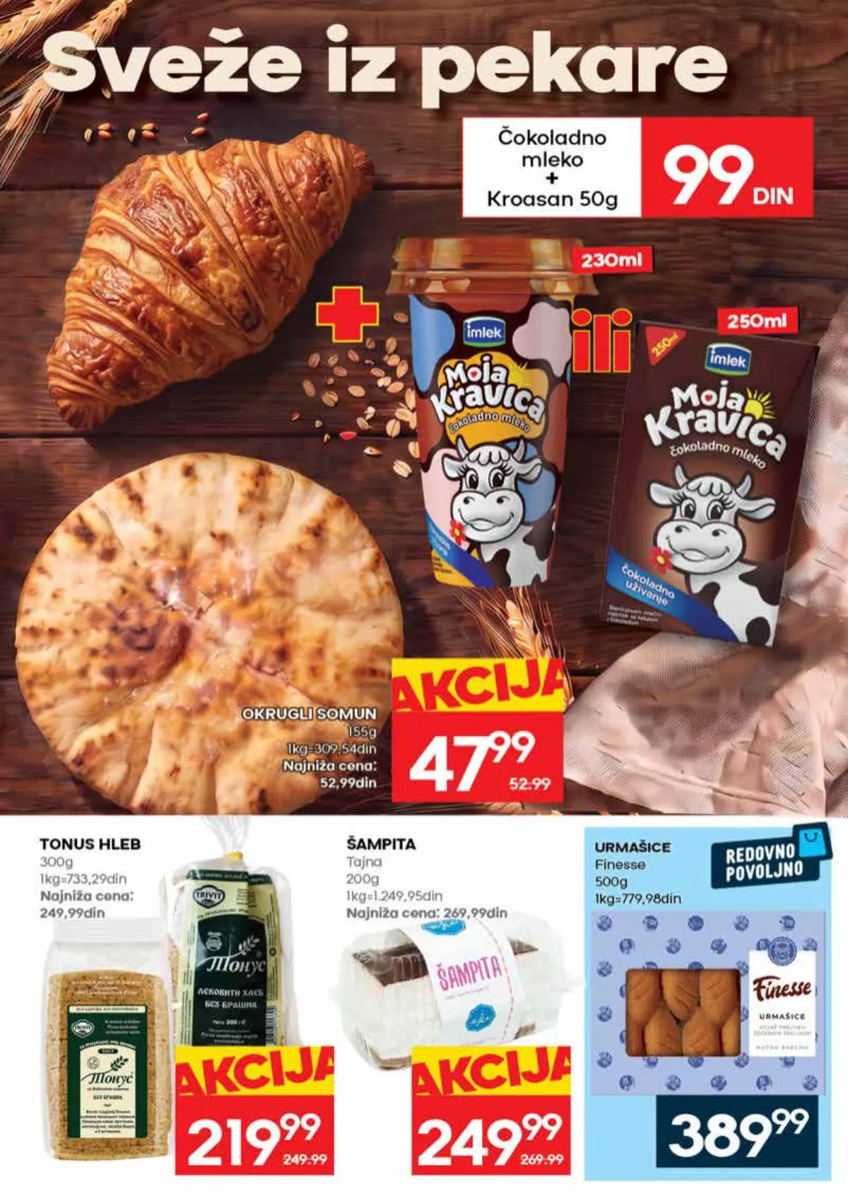 RODA katalog – strana 21: Kroasan, 50 g, i Moja Kravica čokoladno mleko, 230 ml ili 250 ml; Okrugli somun, 155 g