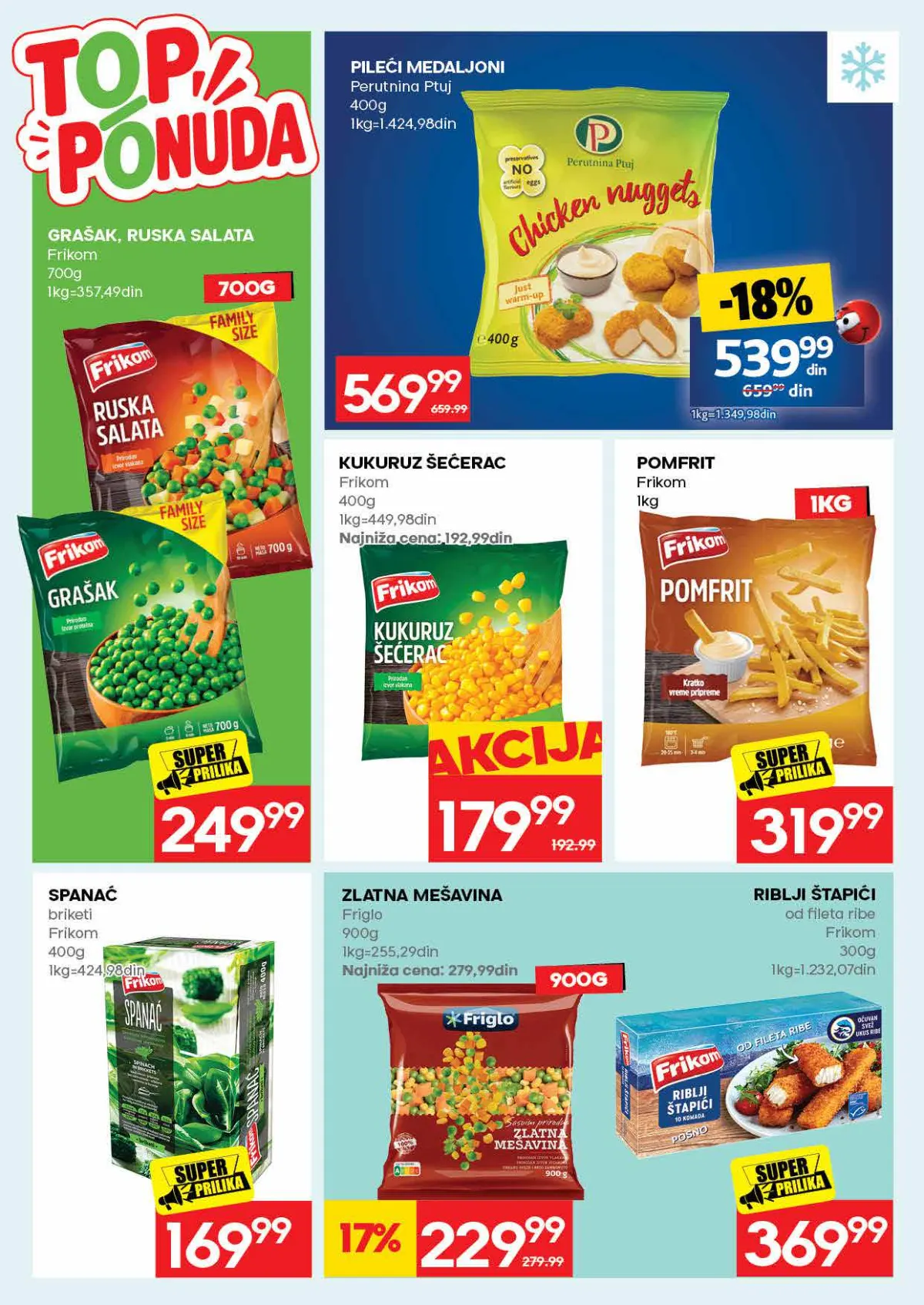 RODA katalog – strana 22: Frikom grašak ili ruska salata, 700 g; Frikom pomfrit, 1 kg