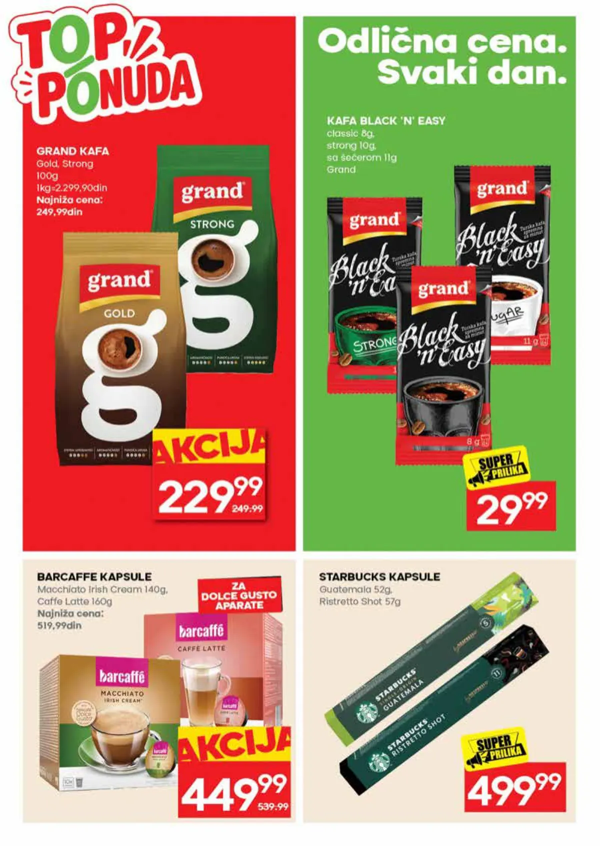 RODA katalog – strana 24: Grand Gold ili Strong kafa, 100 g; Grand Black ’n’ Easy kafa, odabrane vrste