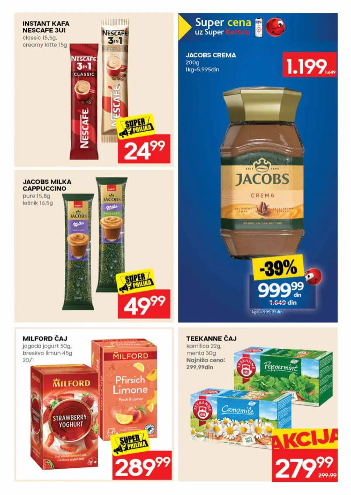 RODA katalog – strana 25: Nescafé 3u1, classic 15,5 g ili creamy latte 15 g; Teekanne čaj, kamilica 22 g ili menta 30 g