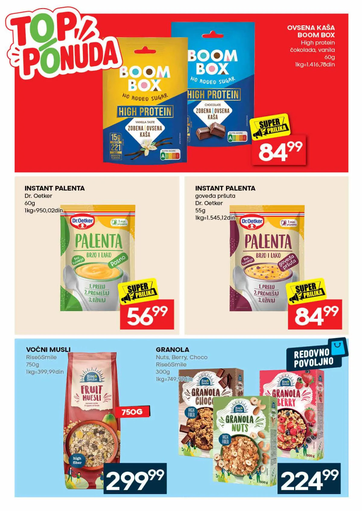 RODA katalog – strana 27: Boom Box High Protein ovsena kaša, 60 g; Dr. Oetker instant palenta, 60 g