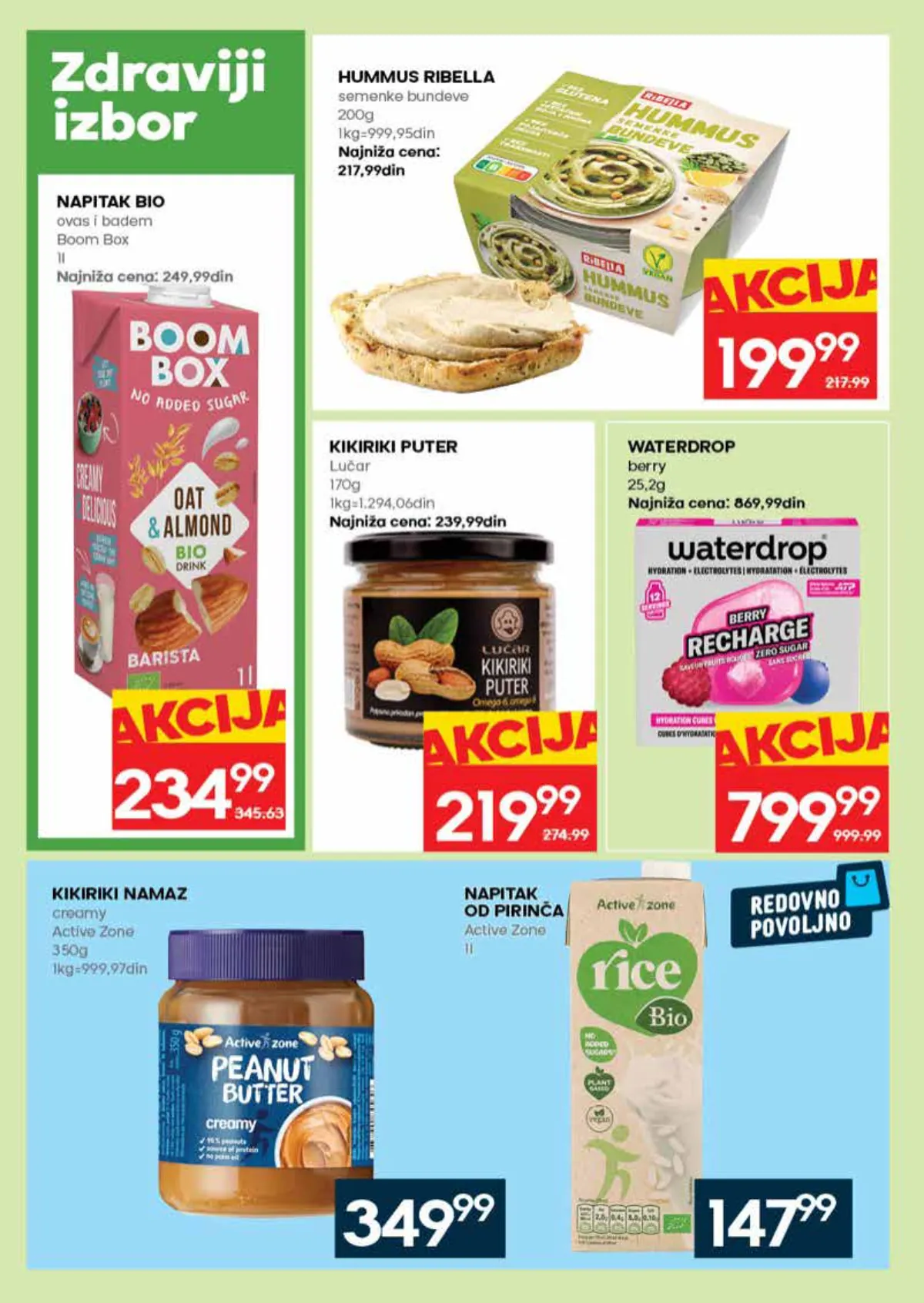RODA katalog – strana 28: Boom Box BIO napitak od ovsa i badema, 1 l; Ribella humus sa semenom bundeve, 200 g