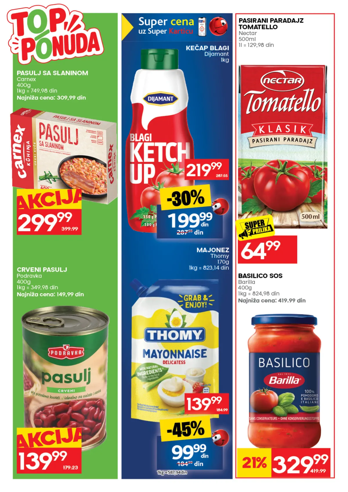 RODA katalog – strana 30: Carnex pasulj sa slaninom, 400 g; Nectar Tomatello pasirani paradajz, 500 ml