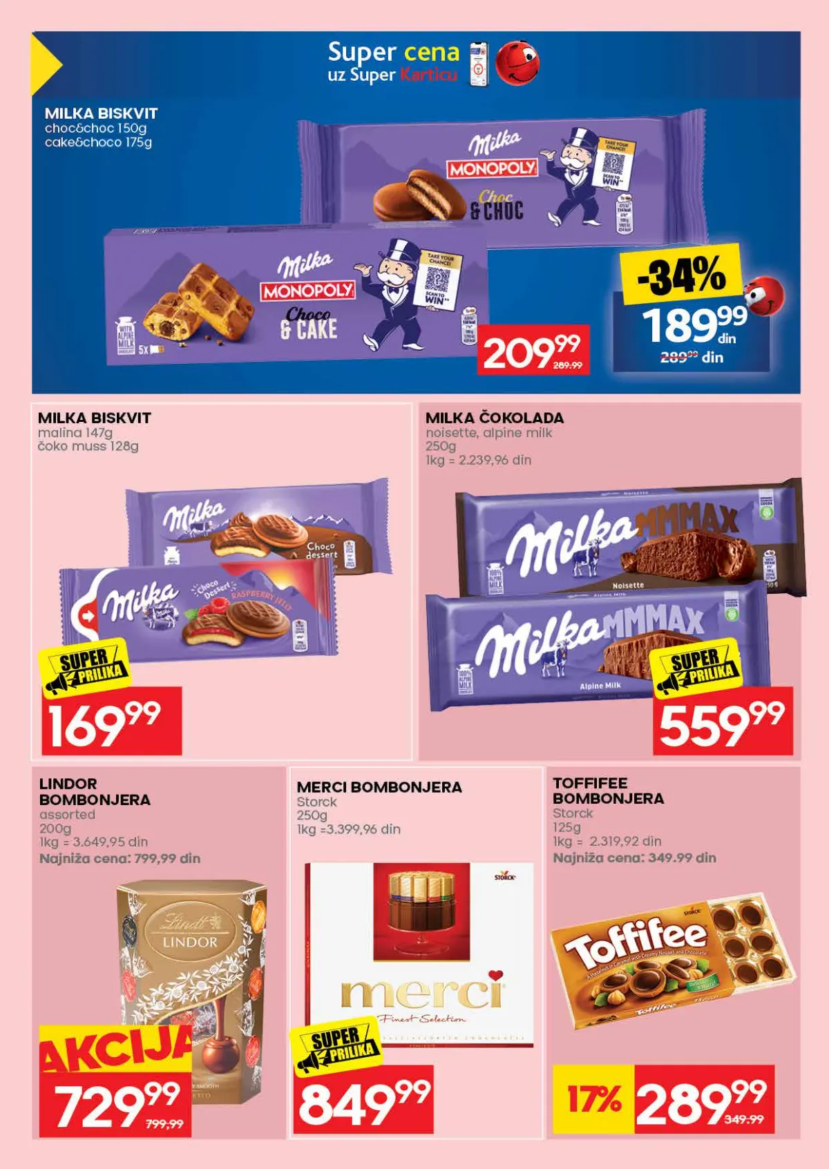 RODA katalog – strana 41: Milka čokolada Noisette ili Alpine Milk, 250 g; Toffifee bombonjera, 125 g