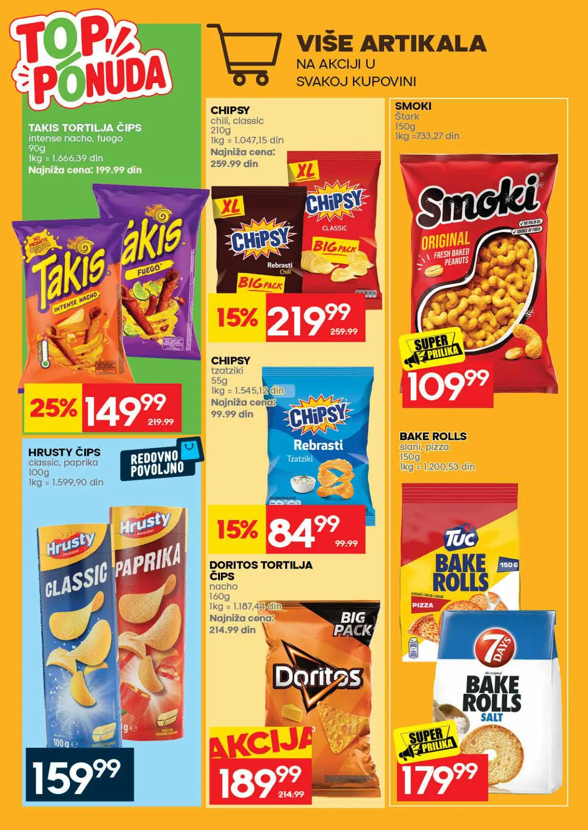 RODA katalog – strana 44: Takis tortilja čips, 90 g; Štark Smoki, 150 g