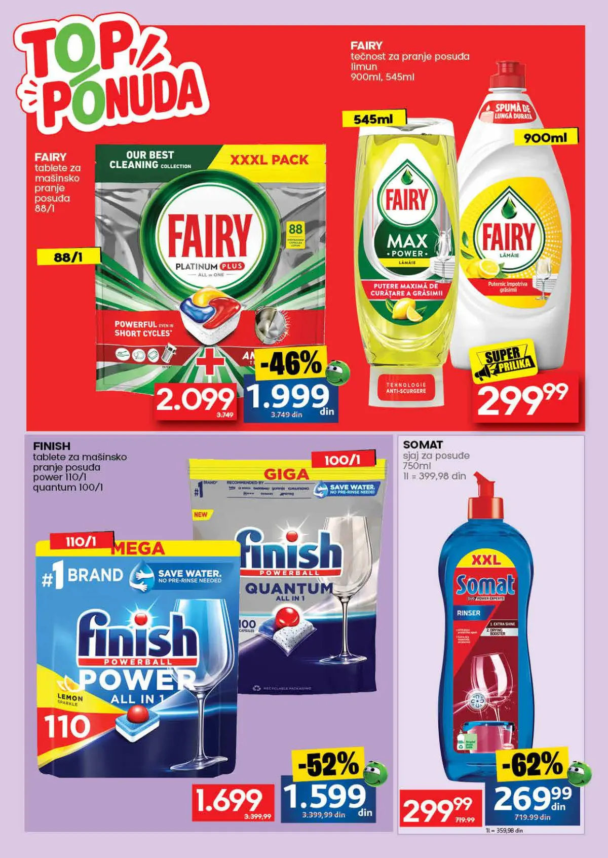 RODA katalog – strana 53: Fairy tečnost za pranje posuđa, 900 ml ili 545 ml; Finish tablete, Power 110 komada ili Quantum 100 komada