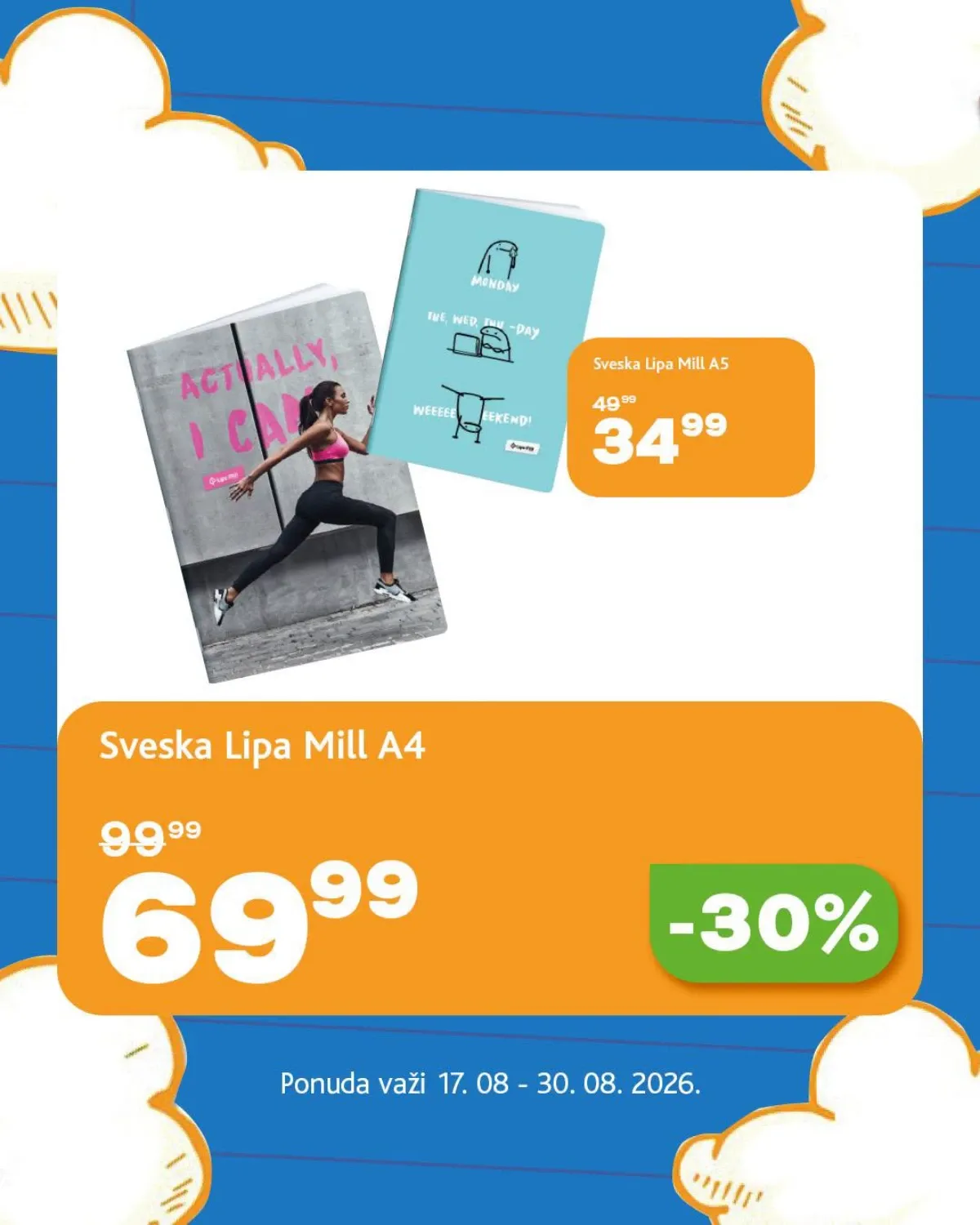 Roda akcija za školu do 30.08.2026. – sveske Lipa Mill A4 i A5 uz sniženje do 30%