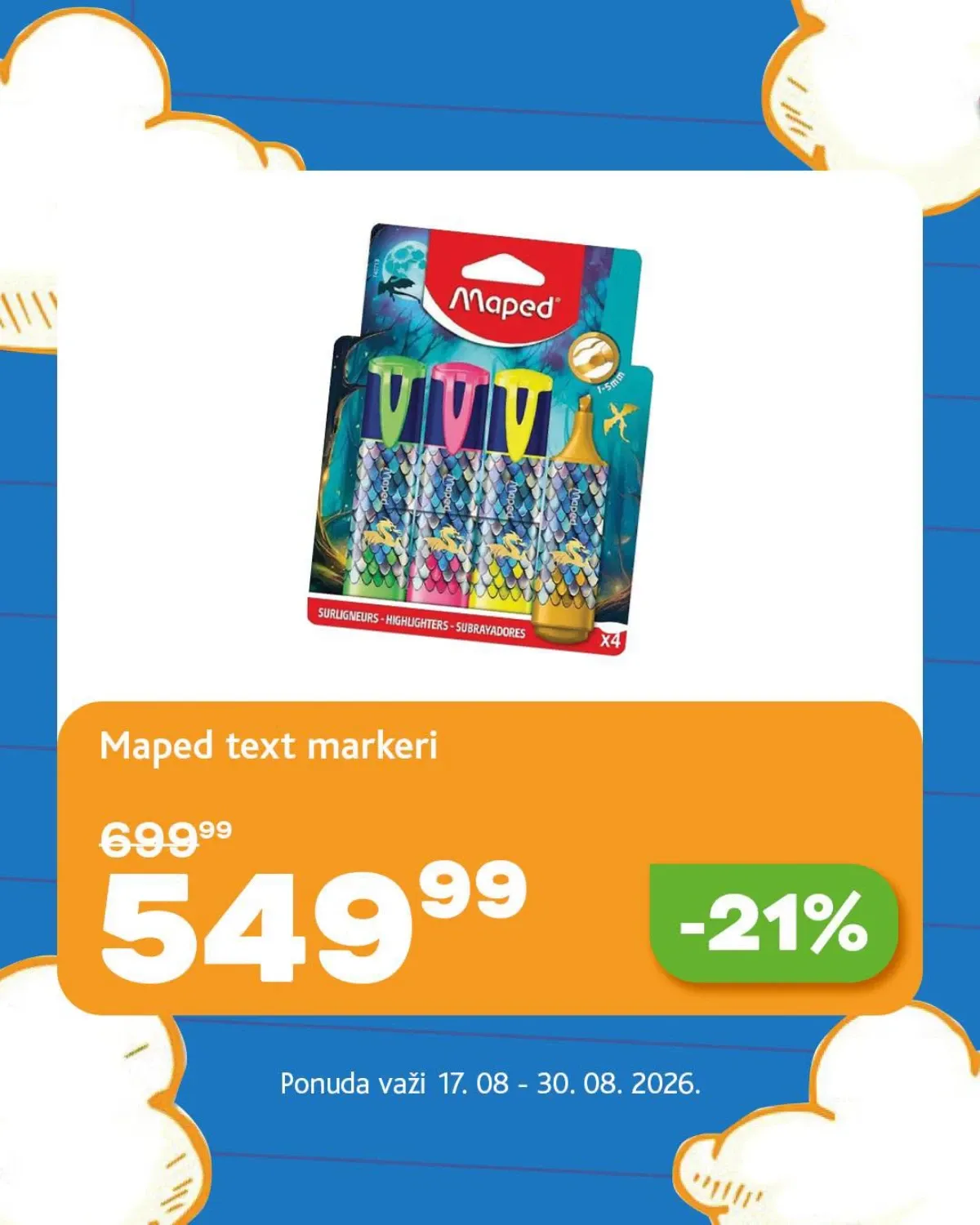 Roda akcija za školu do 30.08.2026. – Maped tekst markeri uz sniženje od 21%