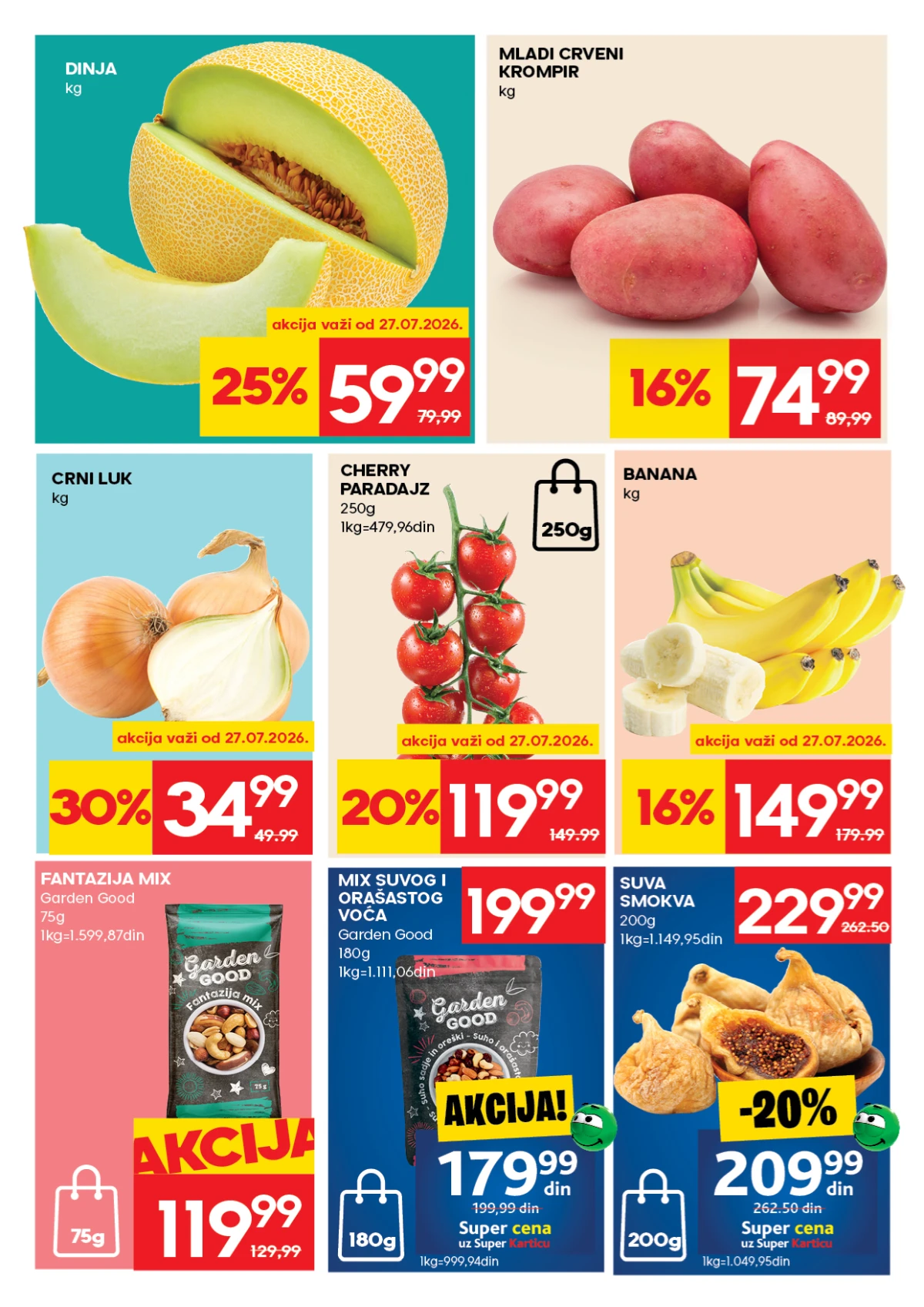 RODA katalog strana 3 – dinja, mladi crveni krompir, banana, cherry paradajz, crni luk i suvo voće na akciji.