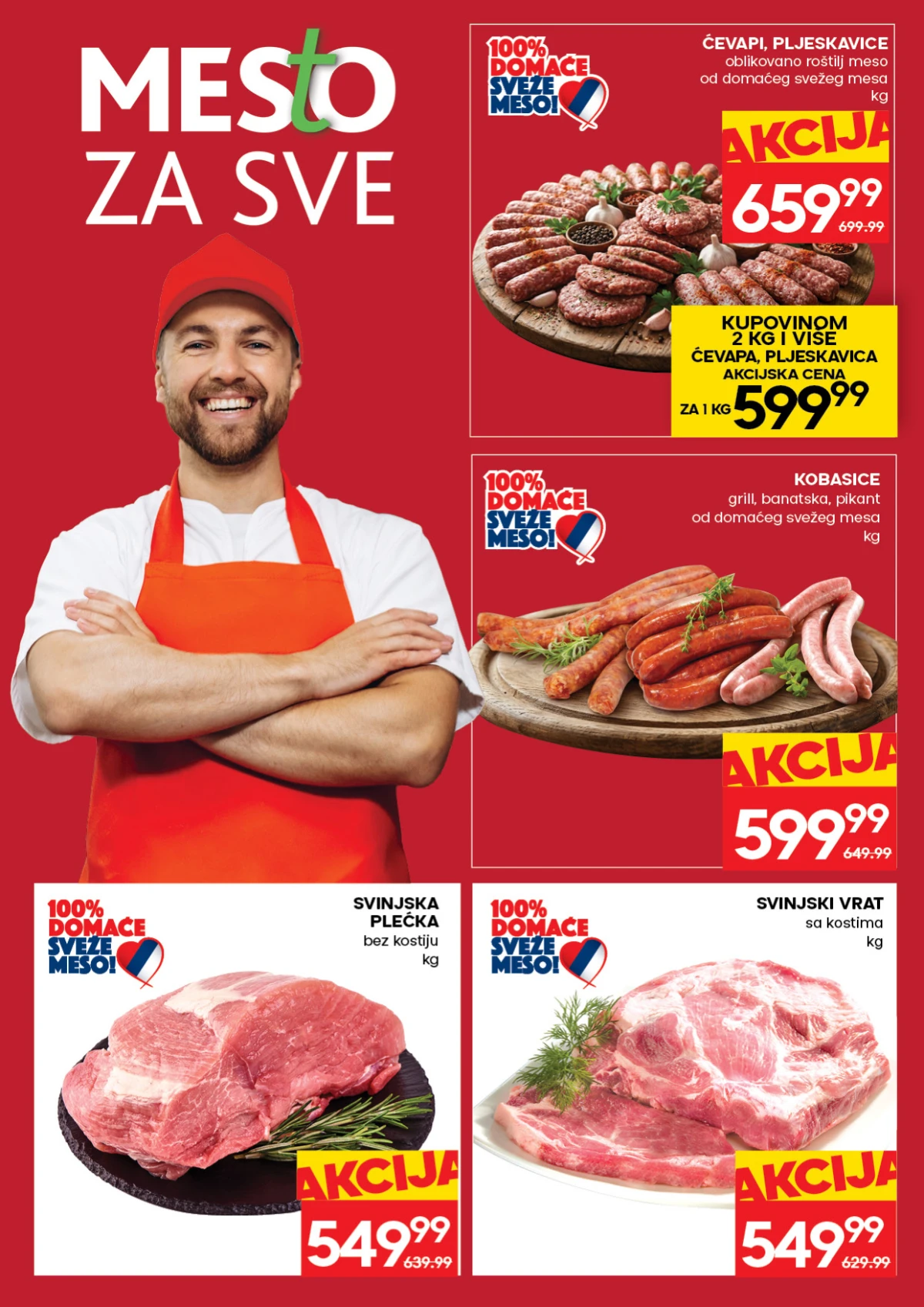 RODA katalog strana 4 – ćevapi, pljeskavice, kobasice, svinjska plećka i svinjski vrat na akciji.