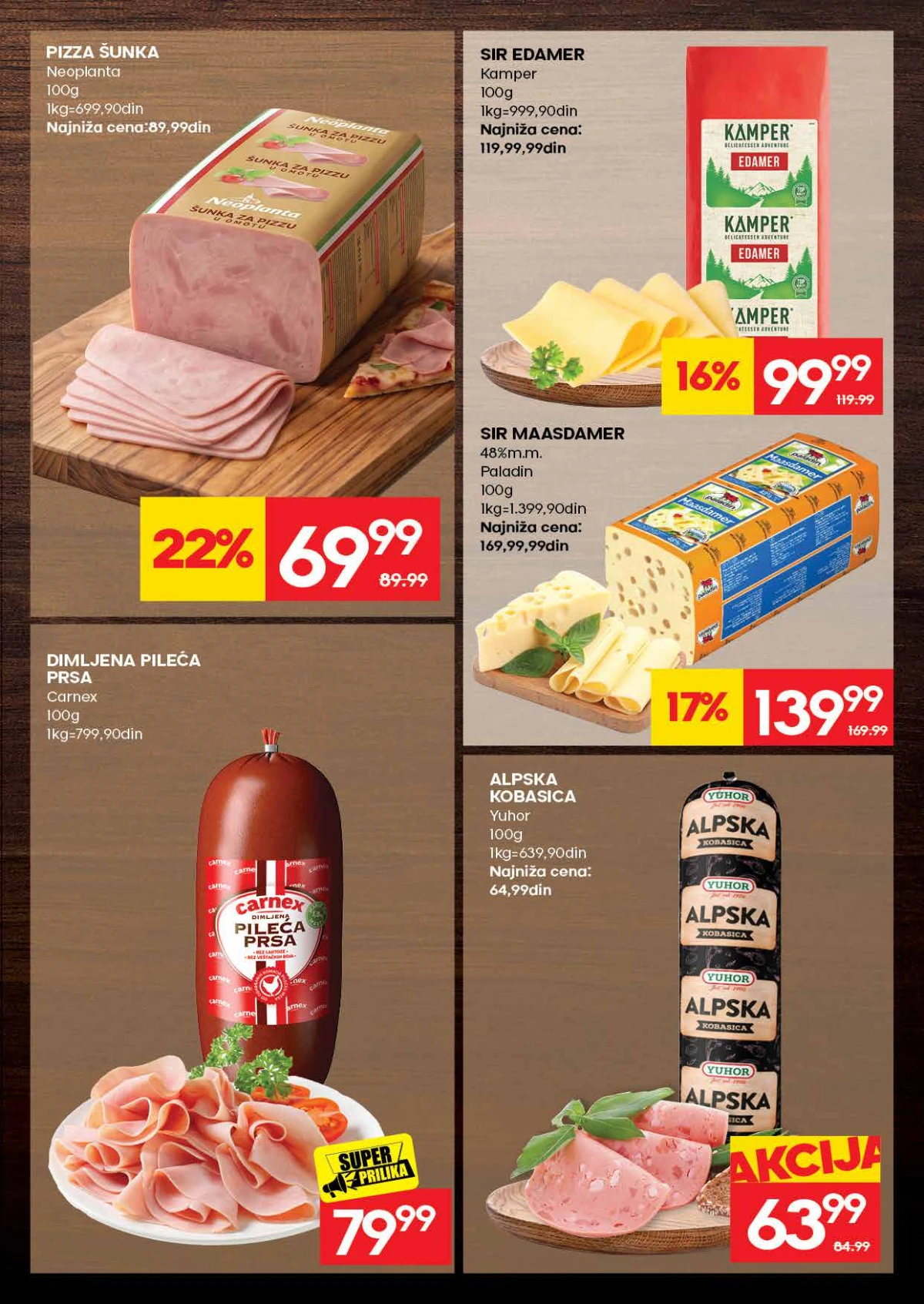 RODA katalog strana 7 – pizza šunka, edamer, maasdamer, dimljena pileća prsa i alpska kobasica na akciji.