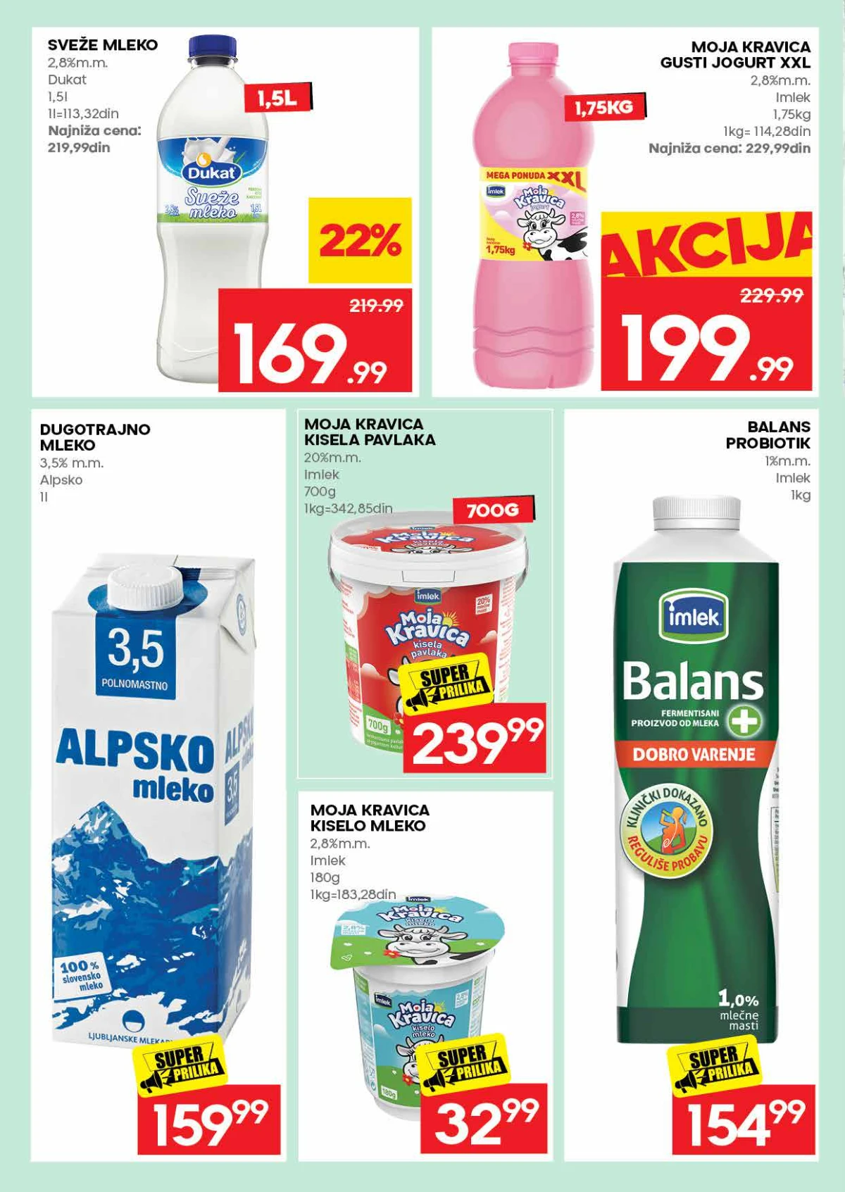 RODA katalog strana 10 – sveže mleko, dugotrajno mleko, jogurt, kisela pavlaka i Balans probiotik na akciji.