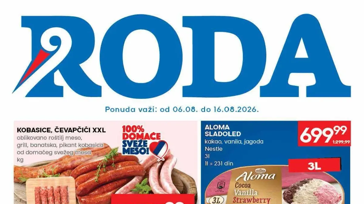RODA katalog do 16.08.2026. donosi popuste do 53% na meso, sladoled, kafu, voće i brojne proizvode za svakodnevnu kupovinu