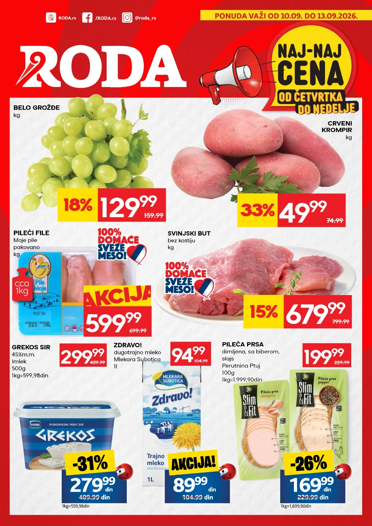 RODA NAJ-NAJ akcija od 10.09. do 13.09.2026. donosi snižene cene mesa, mlečnih proizvoda, voća, povrća i drugih namirnica uz popuste do 44%