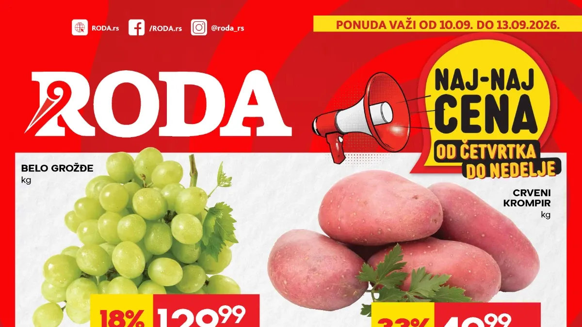 RODA NAJ-NAJ akcija od 10.09. do 13.09.2026. – prehrana, meso, piće i kućne potrepštine sniženi do 44%
