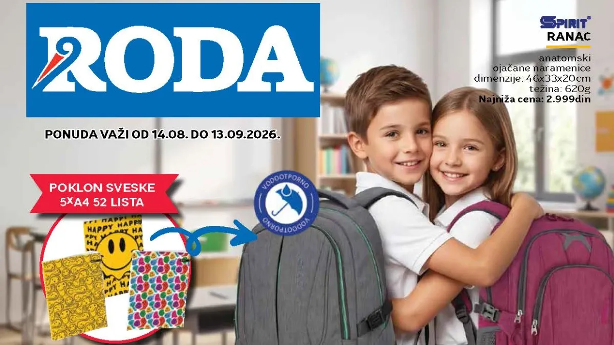 Roda školska akcija do 13.09.2026. – rančevi, pernice, školski setovi i pribor uz popuste do 54%