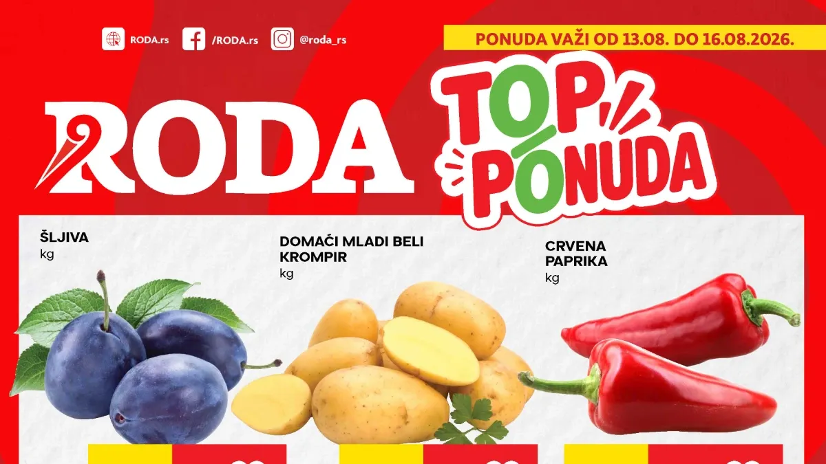 Roda TOP ponuda do 16.08.2026. donosi popuste do 49% na meso, voće, povrće, mlečne proizvode i proizvode za domaćinstvo