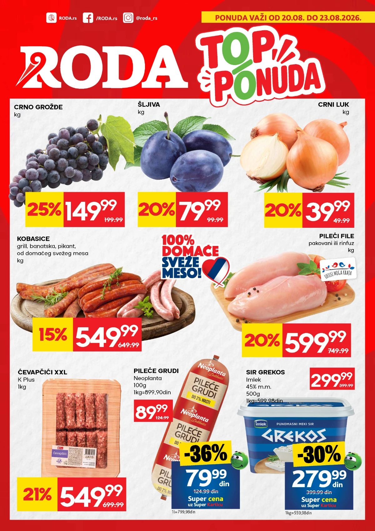 Roda TOP ponuda od 20.08. do 23.08.2026. – meso, voće, povrće, mlečni proizvodi i druge akcije uz sniženja do 53%