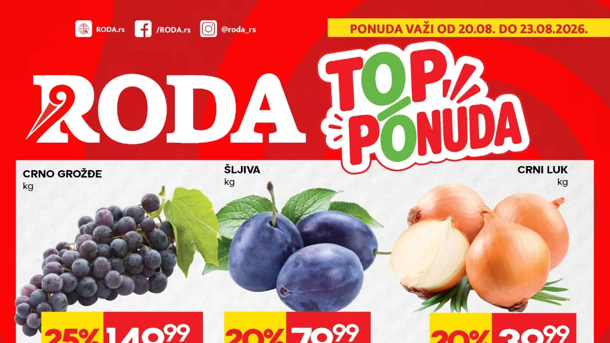 Roda TOP ponuda od 20.08. do 23.08.2026. – meso, voće, povrće, sladoled, jaja i proizvodi za domaćinstvo uz sniženja do 53%