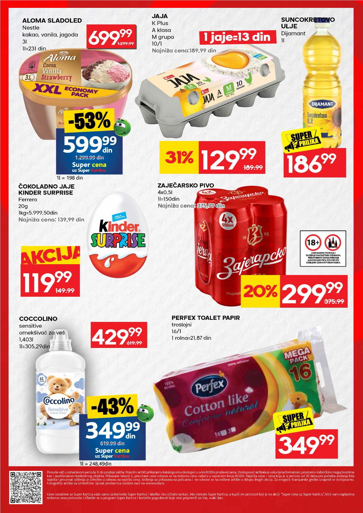 Roda TOP ponuda od 20.08. do 23.08.2026. – Aloma sladoled, jaja, Dijamant ulje, Coccolino i Perfex uz akcijske cene