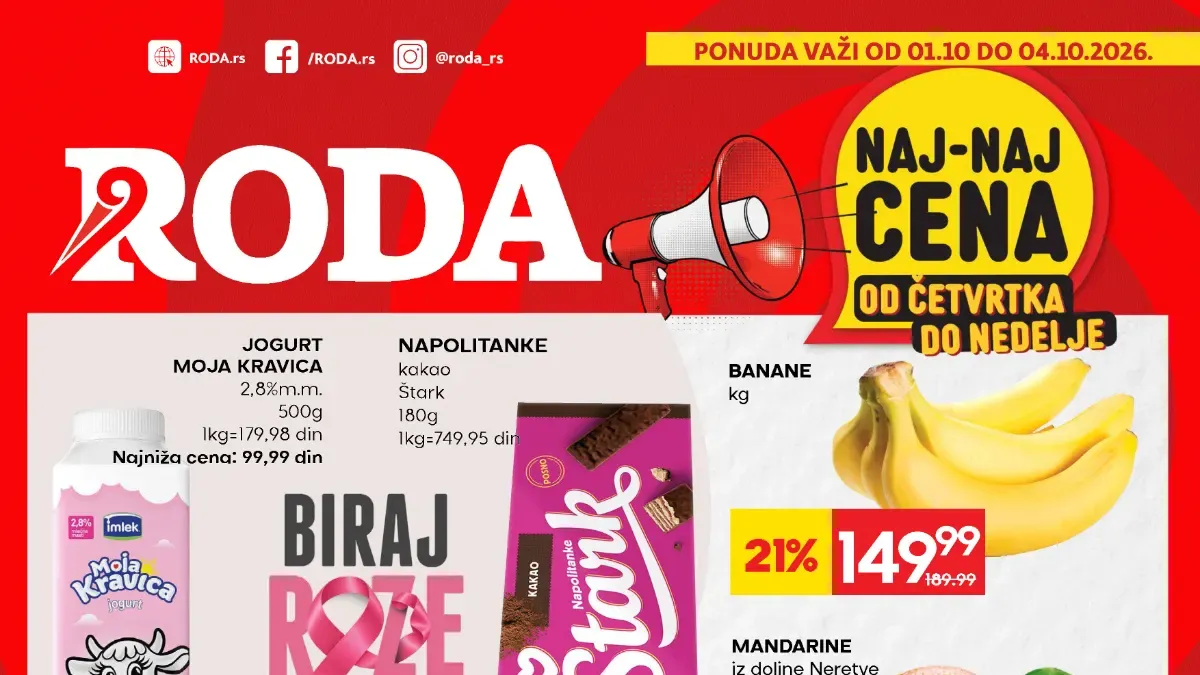 RODA vikend akcija od 01. do 04.10.2026. – Naj-naj cene, popusti na hranu, piće, voće, meso i kućne potrepštine