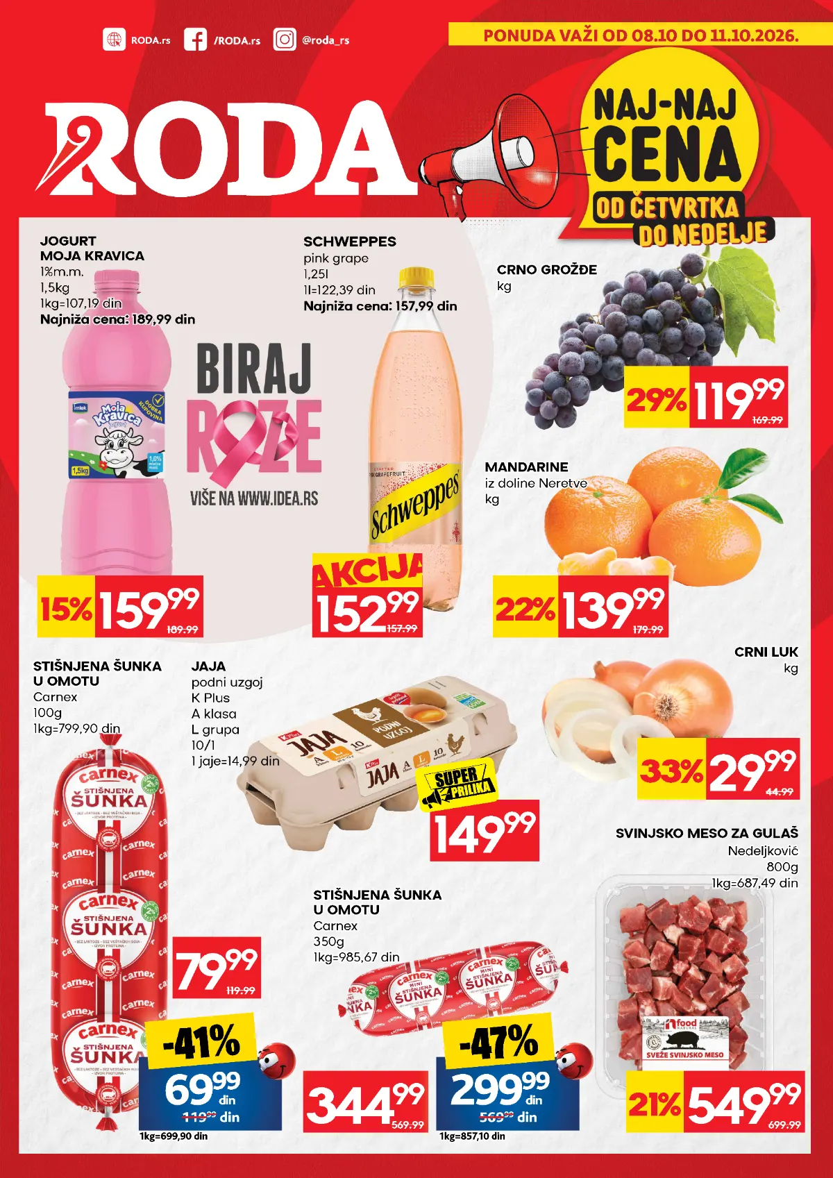 RODA vikend akcija od 08. do 11.10.2026. – Naj-naj cene, meso, voće, povrće i prehrambeni proizvodi na sniženju do 47%