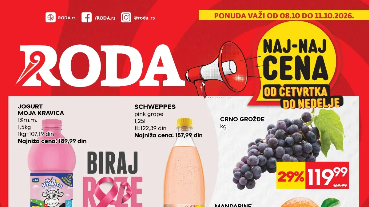RODA vikend akcija od 08. do 11.10.2026. – Naj-naj cene, sveže namirnice, meso i prehrambeni proizvodi na sniženju do 47%