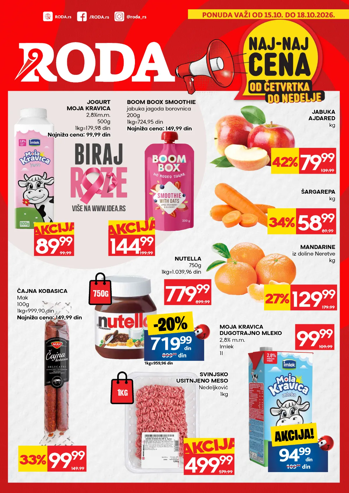 RODA vikend akcija 15–18.10.2026. – jabuke Ajdared 79,99 din/kg, šargarepa 58,99 din/kg i mandarine 129,99 din/kg