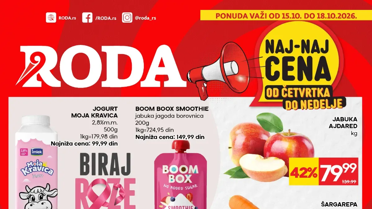 RODA vikend akcija od 15. do 18.10.2026. – voće, povrće, mlečni proizvodi i kućna hemija na akciji