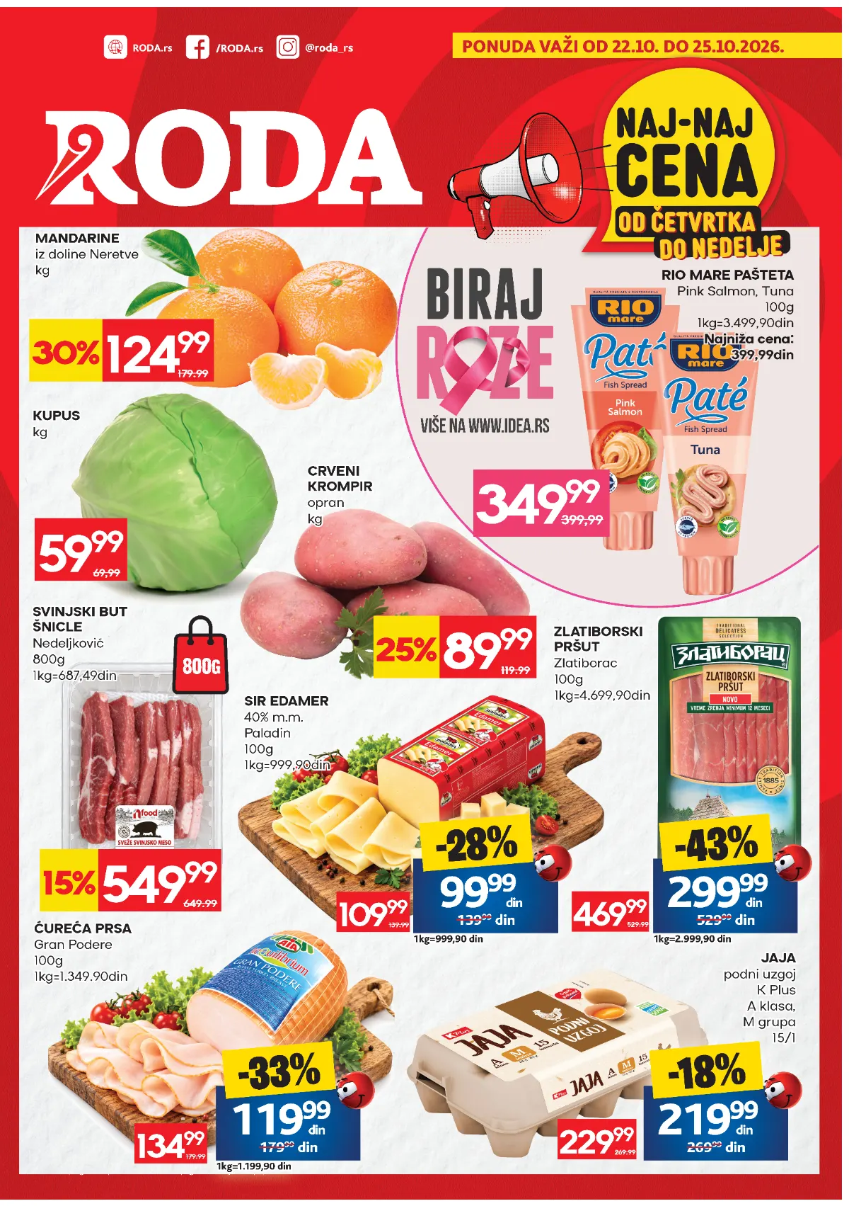 RODA vikend katalog 22–25.10.2026, prva stranica – mandarine 124,99 din/kg, kupus 59,99 din/kg, krompir 89,99 din/kg i Zlatiborski pršut 299,99 din