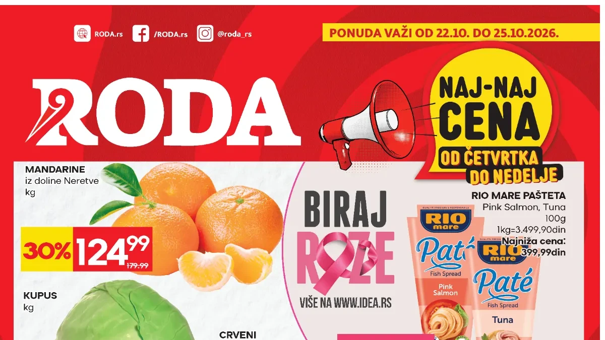 RODA vikend akcija 22–25.10.2026. – Naj-naj cene, popusti do 43%, voće, povrće, meso i prehrambeni proizvodi na akciji