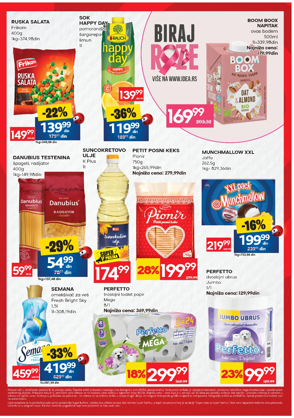 RODA vikend katalog 22–25.10.2026, druga stranica – Danubius testenina 54,99 din, Happy Day sok 119,99 din, K Plus ulje 174,99 din i Semana omekšivač 419,99 din