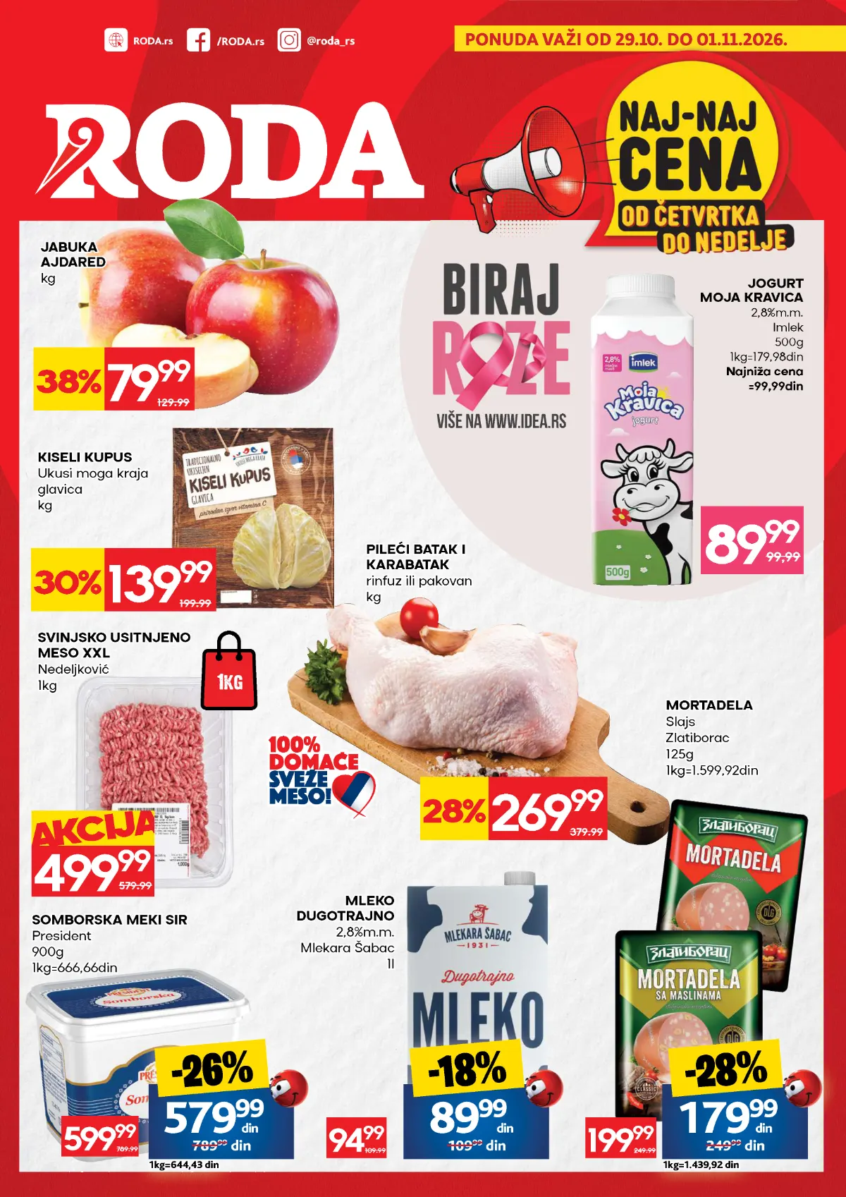 RODA vikend katalog od 29.10. do 01.11.2026, prva stranica – jabuka ajdared 79,99 din/kg, kiseli kupus 139,99 din/kg i pileći batak i karabatak 269,99 din/kg