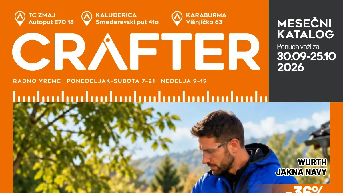Crafter katalog od 30.09. do 25.10.2026. sa popustima do 62% na alat, grejanje, laminate, opremu za dom i baštu