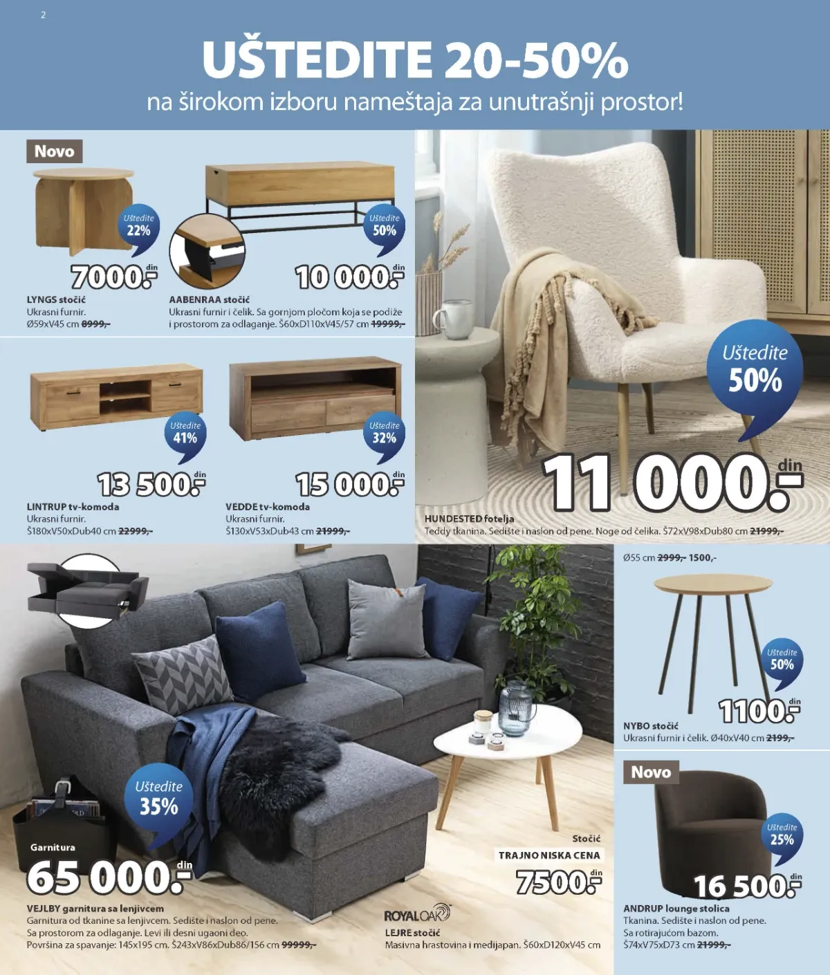 JYSK katalog strana 2 – garniture, fotelje, TV komode i stočići uz sniženja do 50%