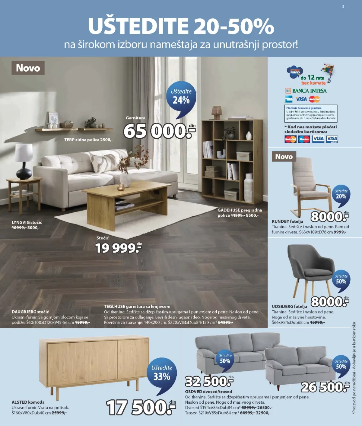 JYSK katalog strana 3 – garniture, dvosedi, trosedi, fotelje i komode na akciji
