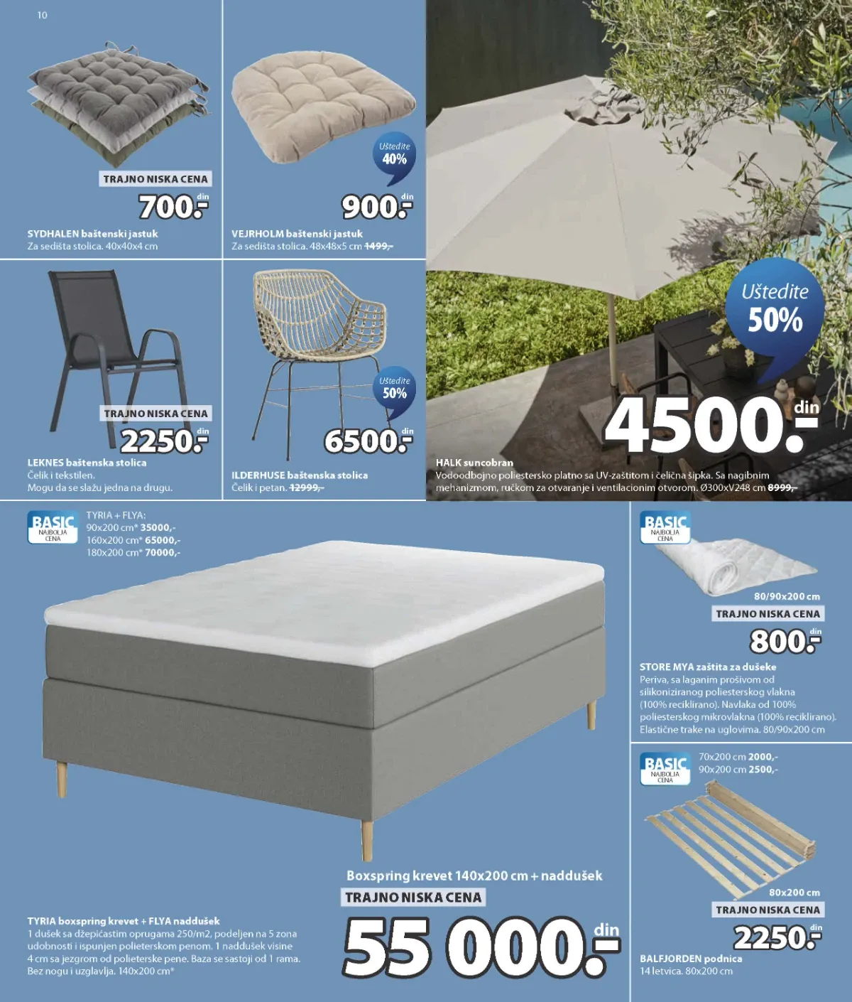 JYSK katalog strana 10 – boxspring krevet, baštenske stolice, jastuci i suncobran