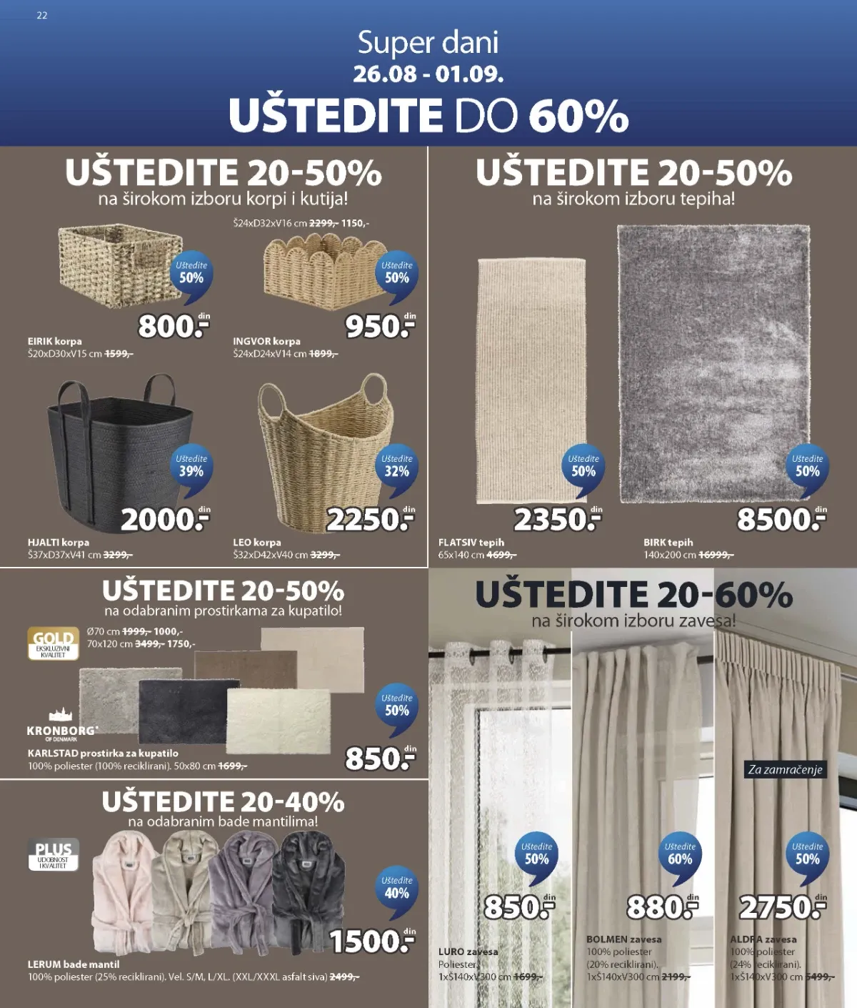 JYSK Super dani strana 22 – zavese, tepisi, prostirke i korpe uz sniženja do 60%