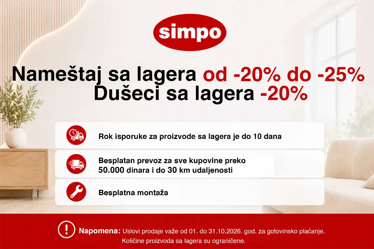 SIMPO akcija od 01. do 31.10.2026. – nameštaj sa lagera snižen od 20% do 25%, dušeci 20% i trpezarijske stolice 35%