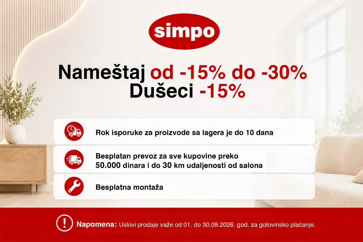 SIMPO katalog od 01.09. do 30.09.2026. – nameštaj i dušeci uz gotovinske popuste do 60%