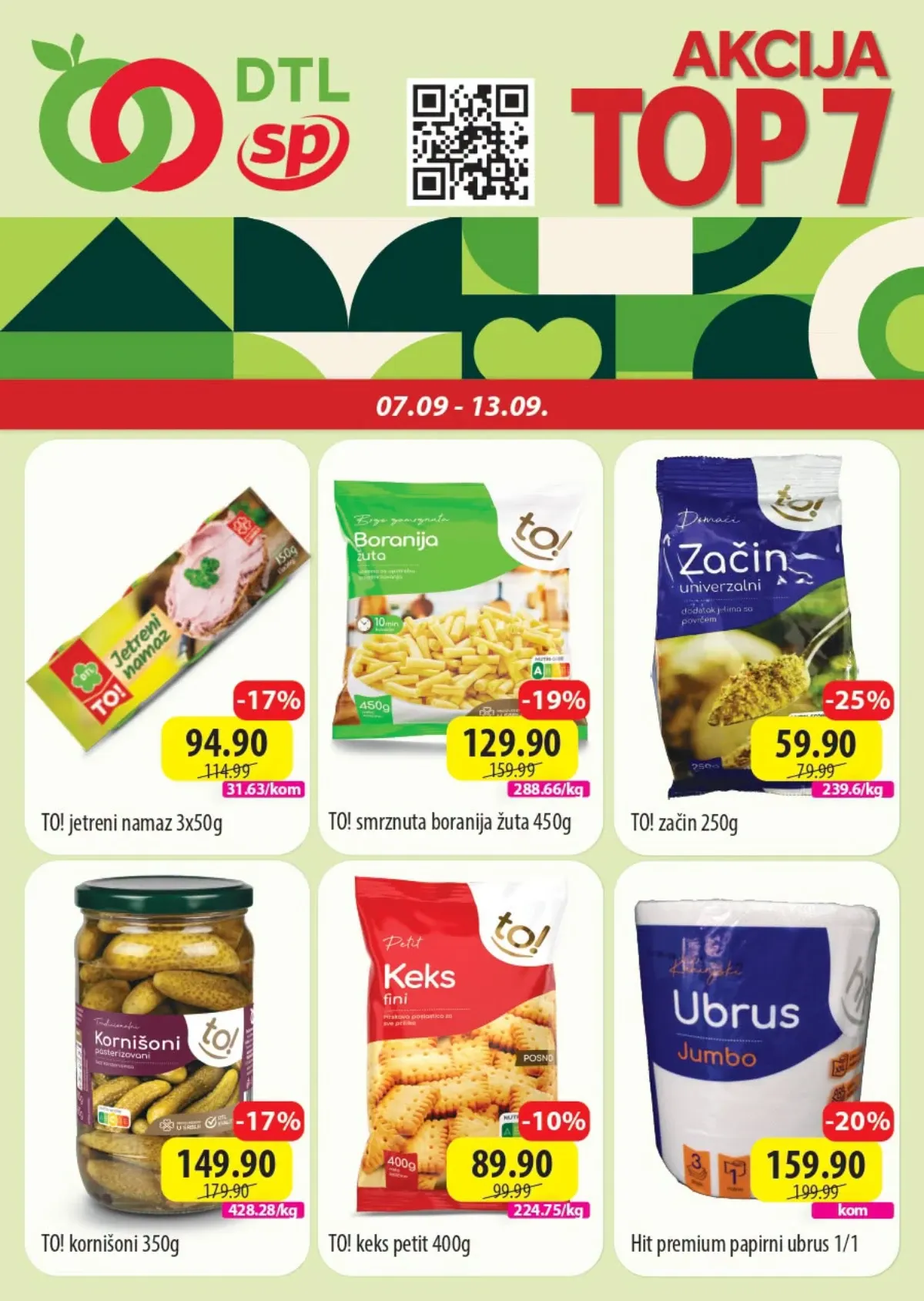 DTL SP Marketi TOP 7 akcija od 07.09. do 13.09.2026. – namazi, zamrznuto povrće, začini, keks i papirni ubrusi na sniženju