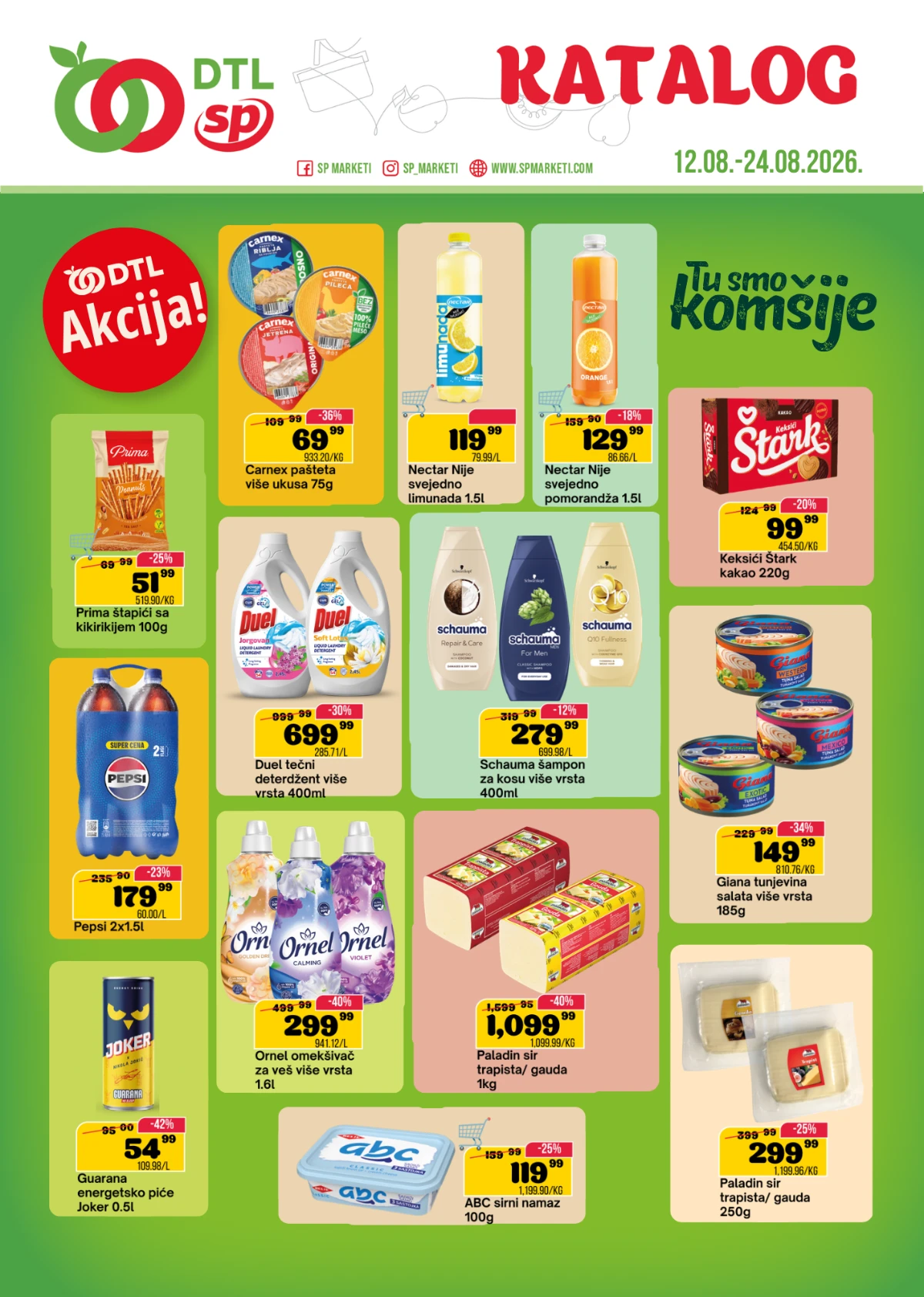 DTL SP Marketi katalog do 24.08.2026. – Carnex pašteta, Nectar limunada, Pepsi, Duel deterdžent, sirevi i drugi proizvodi na akciji