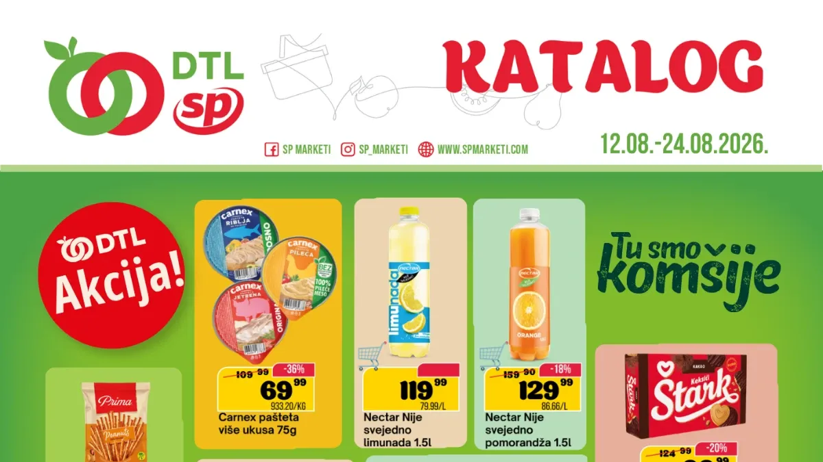 DTL SP Marketi katalog od 12.08. do 24.08.2026. – akcijske cene prehrane, pića, kućne hemije i proizvoda za domaćinstvo uz popuste do 47%