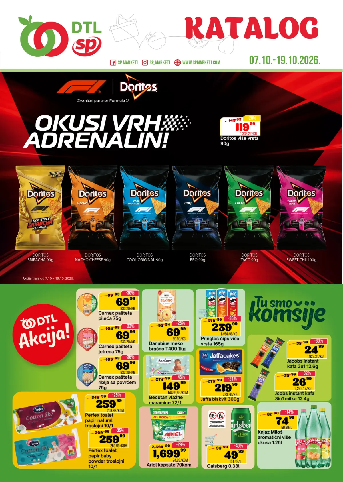 DTL SP Marketi katalog 07–19.10.2026. – Doritos, Carnex paštete, brašno, Ariel kapsule i proizvodi za domaćinstvo na akciji