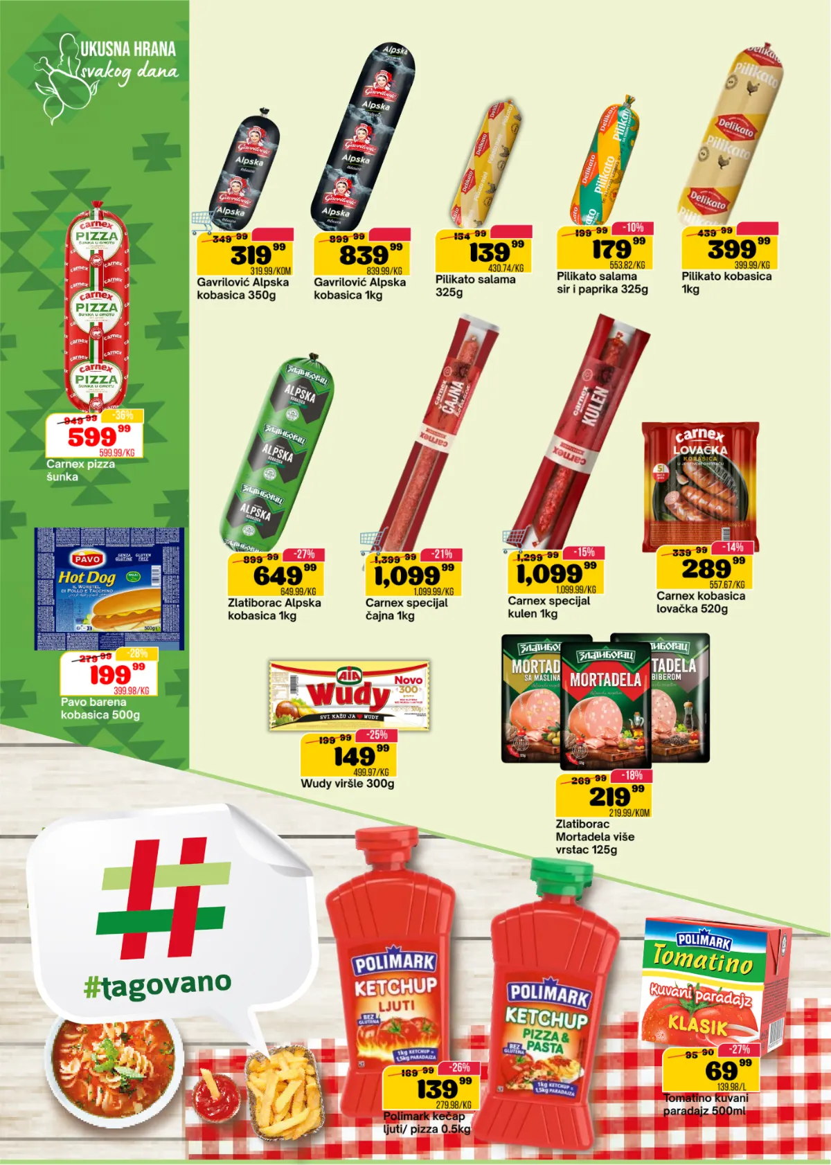 SP Marketi katalog, stranica 6 – kobasice, salame, Wudy viršle, mortadela, Polimark kečap i Tomatino