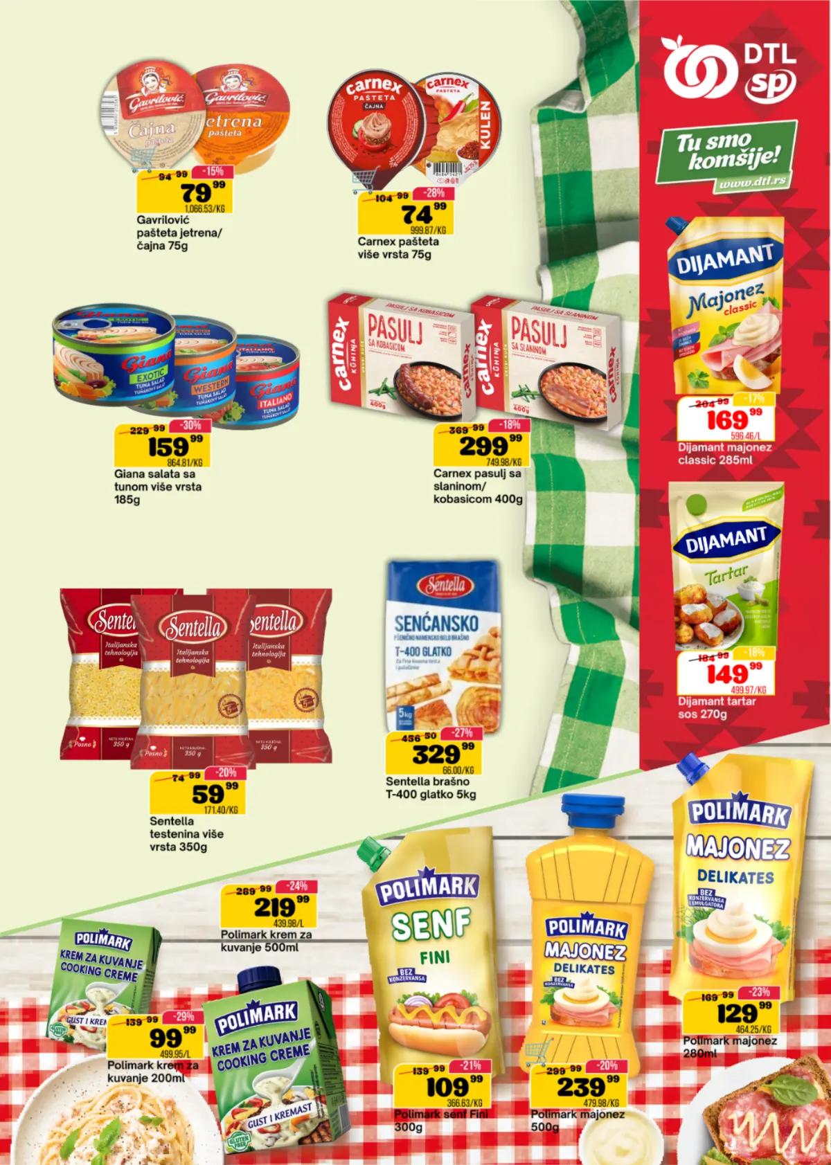SP Marketi katalog, stranica 7 – paštete, Giana tuna salata, Carnex pasulj, Sentella testenina i brašno, majonez i senf