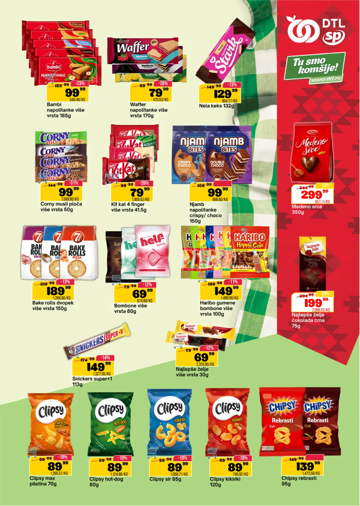 SP Marketi katalog, stranica 11 – napolitanke, KitKat, Haribo bombone, Snickers, Clipsy i Chipsy
