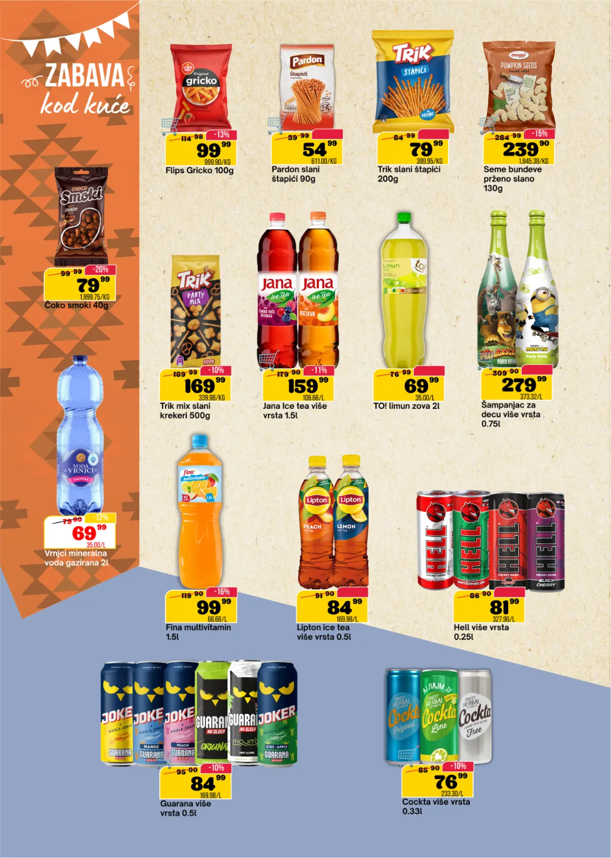 SP Marketi katalog, stranica 12 – slani štapići, krekeri, seme bundeve, Jana i Lipton ledeni čaj, voda i gazirani napici