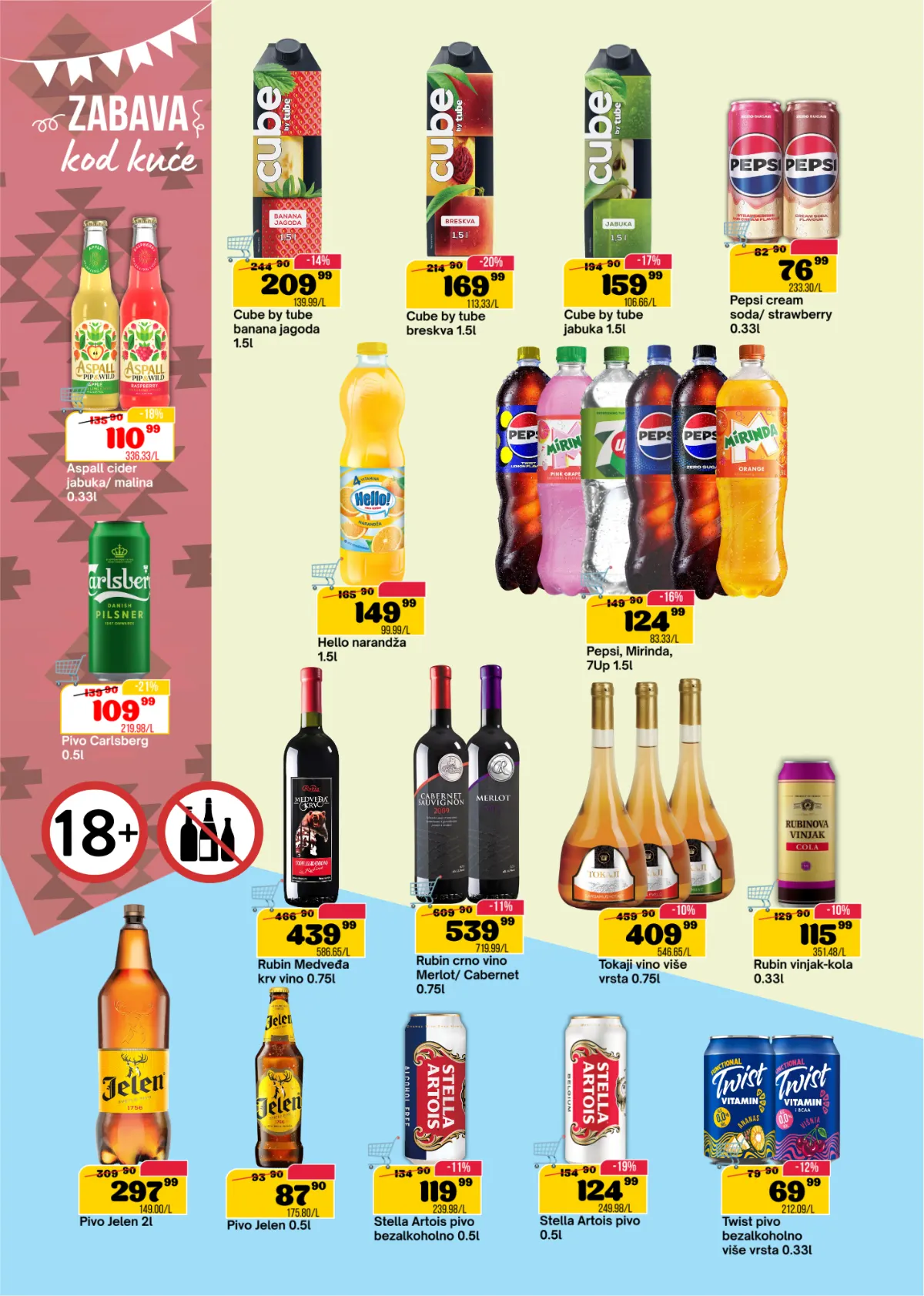 SP Marketi katalog, stranica 14 – Cube sokovi, Pepsi, Mirinda, 7Up, Hello, pivo i vino
