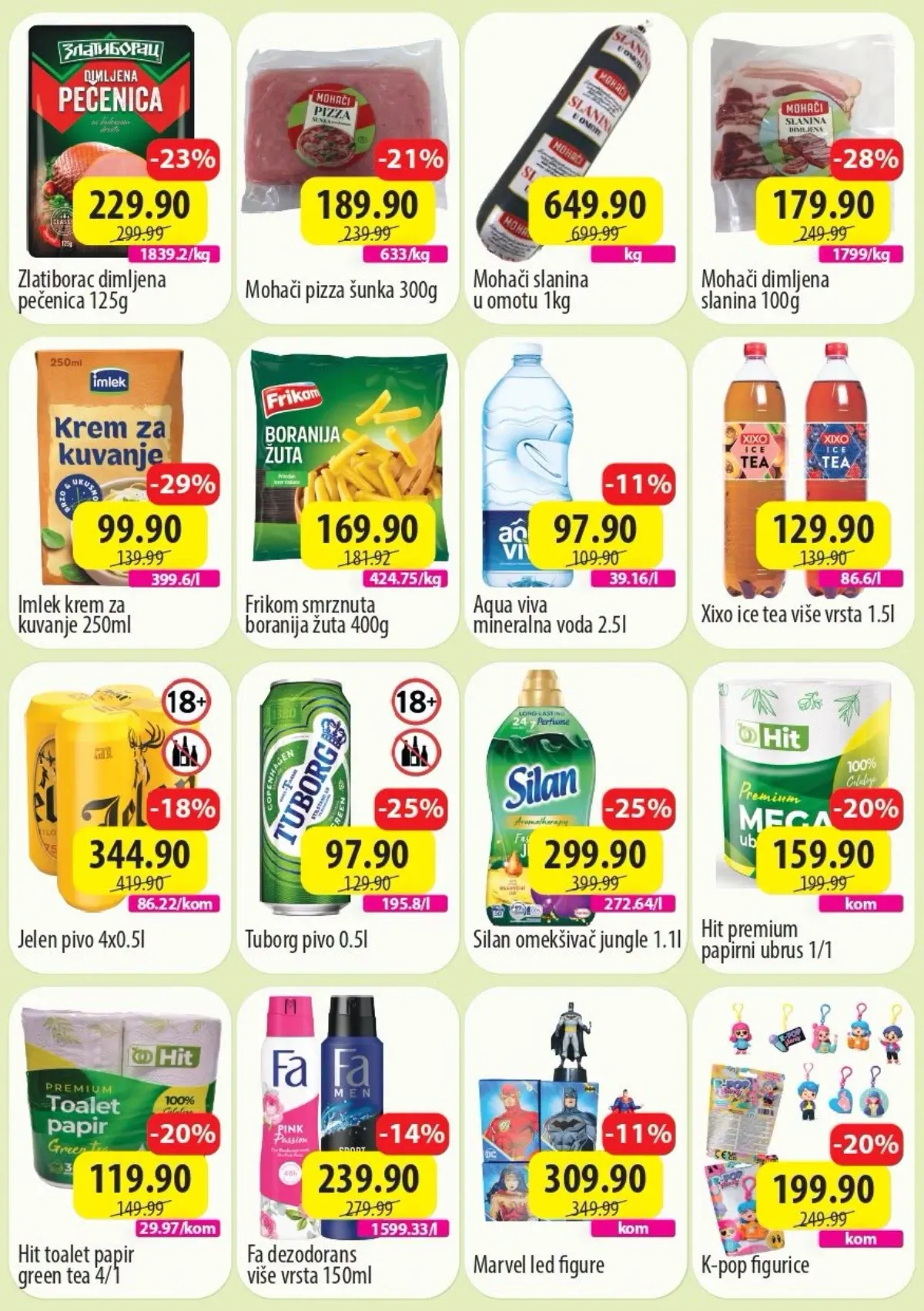 DTL SP Marketi TOP 7 akcija do 16.08.2026. – Zlatiborac pečenica, Mohači šunka i slanina, Imlek krem za kuvanje, Frikom boranija, piće, Silan i Hit papirni ubrus
